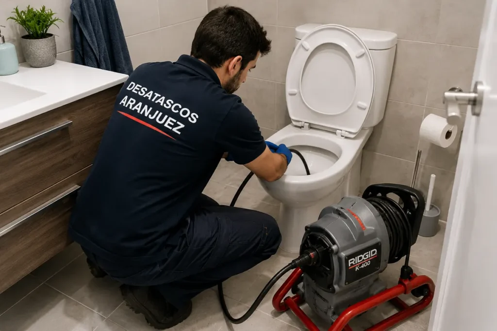 Técnico de Desatascos Aranjuez solucionando un atasco de WC